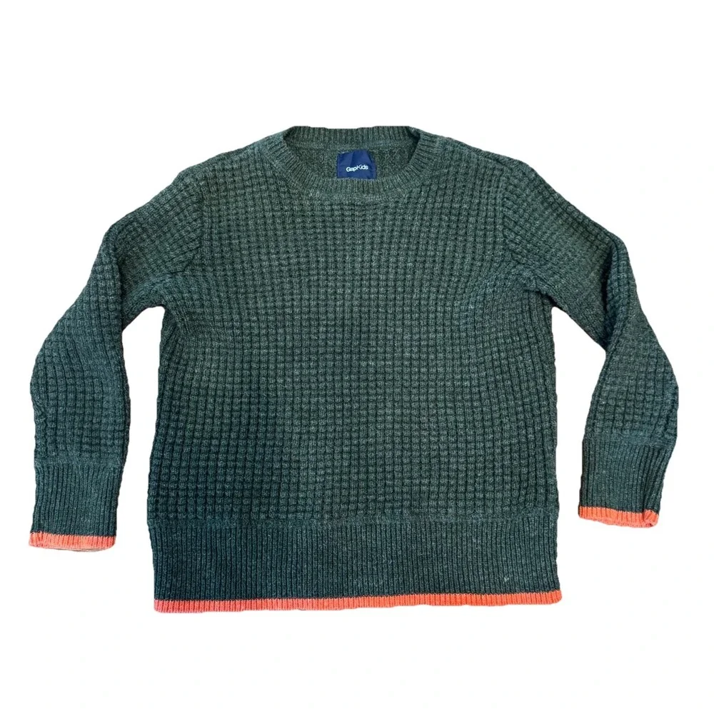 GAP‎ Kids Waffle knit sweater Green Orange Trim pullover preppy XS 4-5